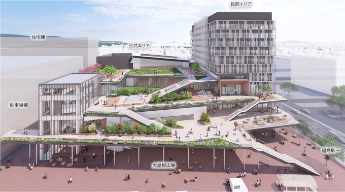 福島駅東口再開発の完成イメージ（福島市発表資料より）