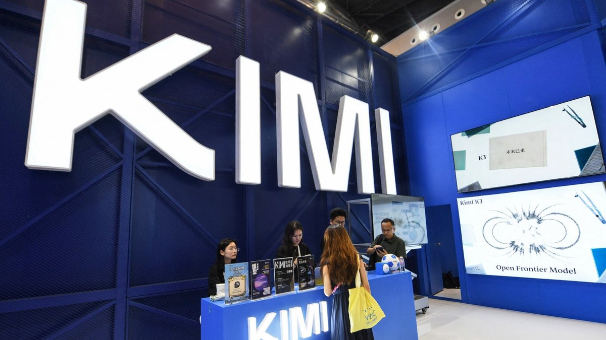 People visit the Moonshot AI stand, featuring Kimi K3, during the World Artificial Intelligence Conference in Shanghai on July 17, 2026. (Hector RETAMAL/WAIC)
