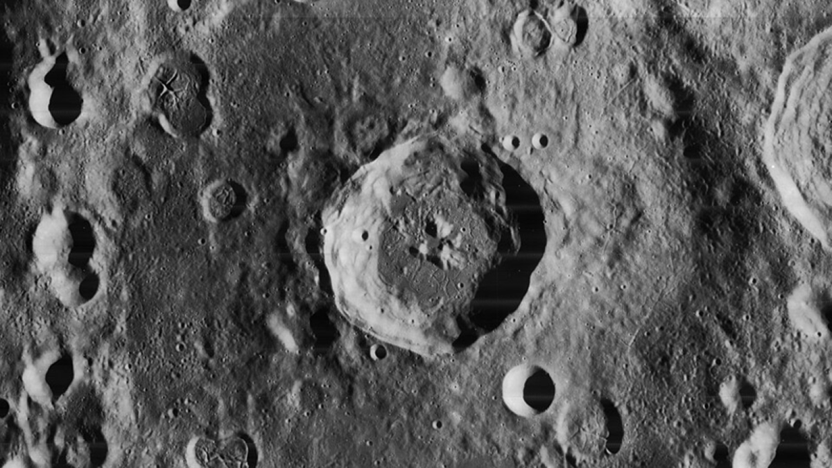 An image of the Einstein crater taken by Lunar Orbiter 4. (Nasa.gov)