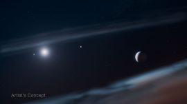 This artist’s concept shows the Beta Pictoris system with the discovered giant exoplanet Beta Pictoris d at the right. It has the widest orbit of the known three exoplanets within the system. (Nasa.gov) This artist’s concept shows the Beta Pictoris system with the discovered giant exoplanet Beta Pictoris d at the right. It has the widest orbit of the known three exoplanets within the system. (Nasa.gov)