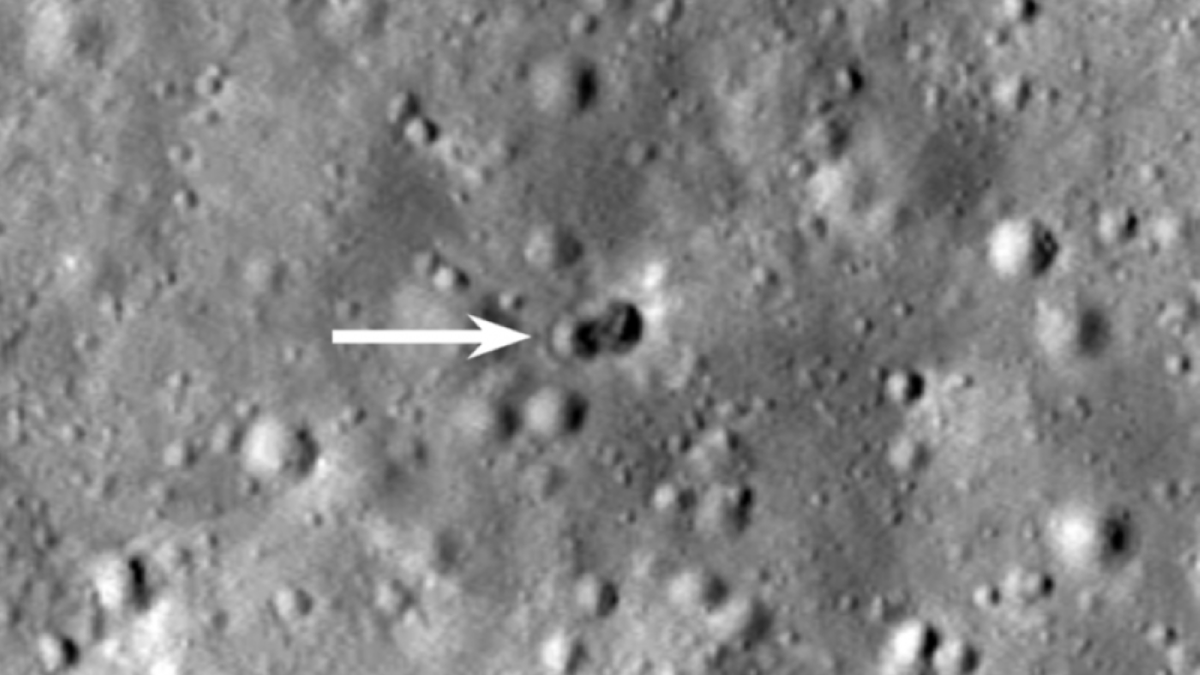 A rocket body struck the moon on March 4, 2022, near Hertzsprung crater. It created a double crater roughly 100 feet in its longest dimension. (Nasa.gov) A rocket body struck the moon on March 4, 2022, near Hertzsprung crater. It created a double crater roughly 100 feet in its longest dimension. (Nasa.gov)