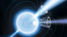 This artist’s concept depicts magnetar 1E 1547.0-5408, a rapidly rotating neutron star with magnetic fields over a trillion times stronger than Earth’s. Blue curves emanating from the star's two magnetic poles represent the magnetic field lines. The magnetar is a significant emitter of radio and X-ray radiation, with their peaks offset during its 2.1-second rotation period. This indicates the primary X-ray emitter is a secondary “hot spot” offset from the magnetic axis. These emitters are depicted as conical sections: the lighter blue radio emission peaks at the magnetic field's symmetry axis, while the darker blue X-ray emission peaks below. The upper and lower emission cones show X-ray polarization degrees of 40% and 80%, respectively. These high values, along with smooth, coherent variations in polarization across the rotation period, provide the most definitive signal to date of vacuum birefringence a long-sought prediction of quantum electrodynamics. (Pablo Garcia/Nasa.gov)