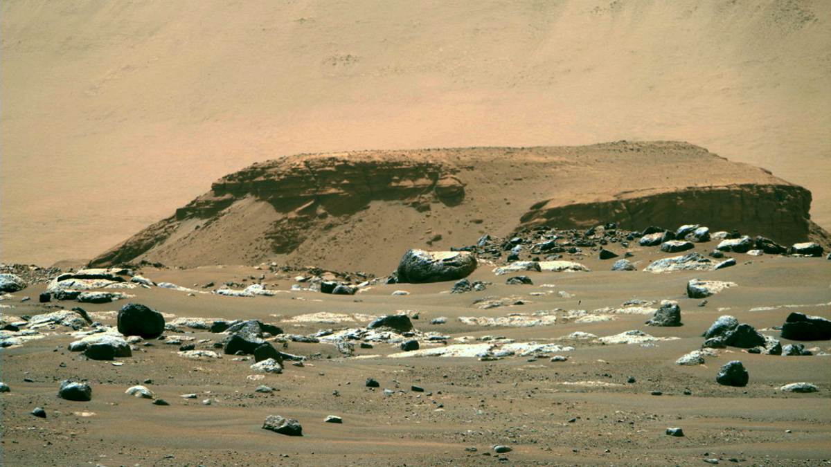 パーサビアランスのミッション4日目に撮影された、火星のジェゼロ・クレーター。手前には着陸地点付近のクレーター底、遠方には丘陵が見える。中央に突き出た孤立丘は、約25億～35億年前にクレーター内の湖へ流れ込んでいたネレトバ川の扇状デルタの名残とされる。 (Nasa.gov)