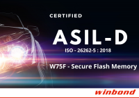 ウィンボンドのW75FセキュアメモリエレメントがASIL-D認証を取得　安全性とセキュリティの両立・実現を加速