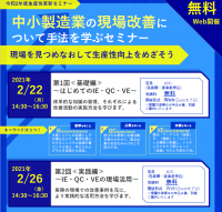 『中小製造業の現場改善について手法を学ぶセミナー』2/22基礎編・2/26実践編の2回、無料Web開催