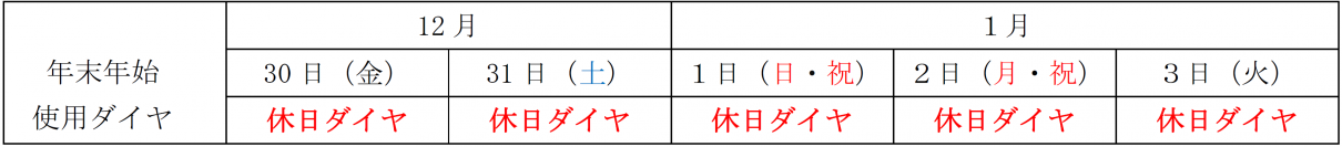  年末年始の特別ダイヤについて