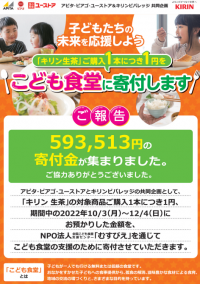 ~子どもたちの未来を応援しよう~
「こども食堂」支援のため593,513円を贈呈しました
アピタ・ピアゴ・ユーストア＆キリンビバレッジ 生茶を買って1本１円寄付キャンペーン報告