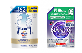 (左)アタックZEROつめかえ用　(右)トップ スーパーNANOX ニオイ専用 つめかえ用超特大