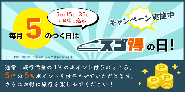 東武トップツアーズ、毎月5の付く日は「スゴ得」の日!トラベルポイント付与率が5倍!
