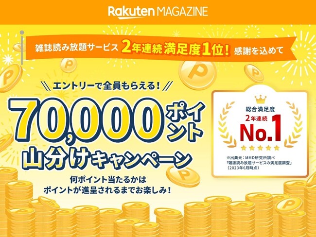 「楽天マガジン」、2年連続「総合満足度」1位を記念して、「楽天ポイント」7万ポイントを山分けするキャンペーンを開始