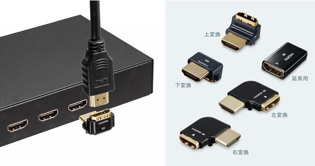HDMIケーブルをすっきり配線できるL型アダプタ、中継アダプタなど5種を発売