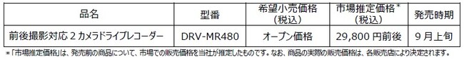 前後撮影対応２カメラドライブレコーダー「DRV-MR480」を発売
