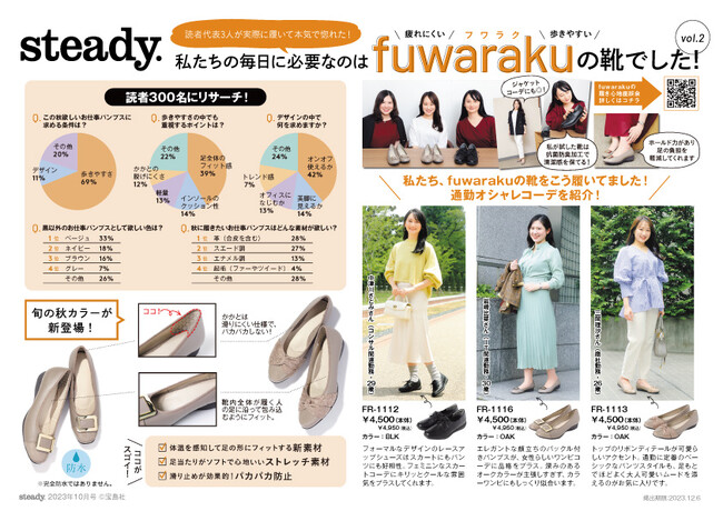 働く女性が求める、疲れにくく歩きやすいパンプス、チヨダ「fuwaraku（フワラク）」から、秋の新デザインが発売。宝島社発行のファッション誌「steady.」で読者代表が検証しました。
