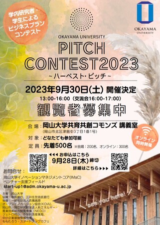 【岡山大学】岡大ピッチコンテスト2023 ～ハーベスト・ピッチ～〔9/30,土 ハイブリッド開催〕