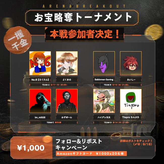 没入度MAXのモバイル向け次世代タクティカルFPS『Arena Breakout』初の日本開催となる賞金総額90万円のeスポーツ大会「一攫千金！お宝略奪トーナメント！」オンライン予選トーナメント終了！