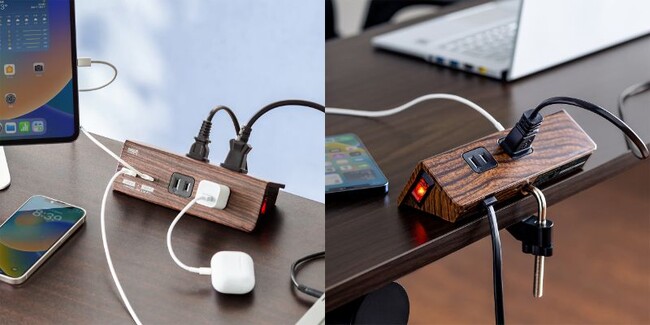 電源タップ USB充電 Type-C搭載 一括集中スイッチ 4個口 3m クランプ固定 木目を9月22日に発売