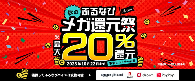 最大20％分の各種電子マネーに交換可能な「ふるなびコイン」が還元される特大キャンペーンを開始！