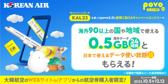 povo2.0、大韓航空とのコラボキャンペーンを実施 大韓航空航空券を購入で海外用ギガをプレゼント