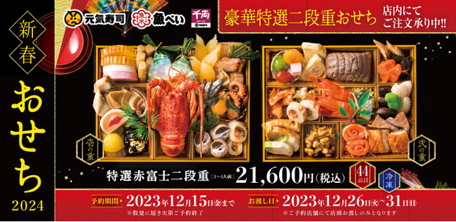 縁起の良い素材や豪華食材を盛り込んだ44品目の厳選二段重!元気寿司グループ初の新春おせち『特選赤富士二段重』ご予約受付中!