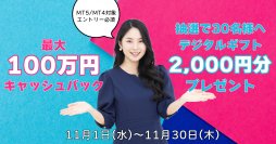 【11月】最大100万円キャッシュバック＆抽選で30名様へデジタルギフトプレゼントキャンペーン！(MT4・MT5対象)