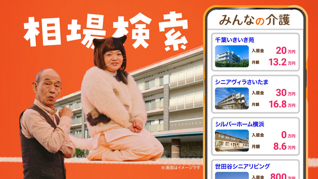 老人ホーム検索サイト「みんなの介護」、新TVCM放映中！笹野高史さんとおかずクラブ・オカリナさん演じるネコの“うめ”が便利な検索ポイントを紹介！声優TARAKOさんのアフレコも必聴
