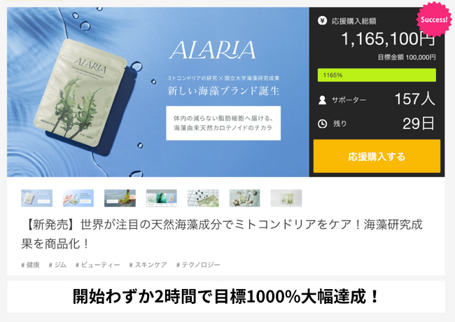 国立大学と産学連携、海藻由来の希少成分「フコキサンチン」を商品化ミトケアサプリメント『ALARIA（アラリア）』がMakuake開始から2時間で目標金額1000％を達成！ランキングTOP９位を獲得！