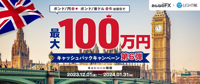 【みんなのFX】ポンド/円・ポンド/米ドルの取引に応じて、最大100万円をキャッシュバックするキャンペーンを実施します！
