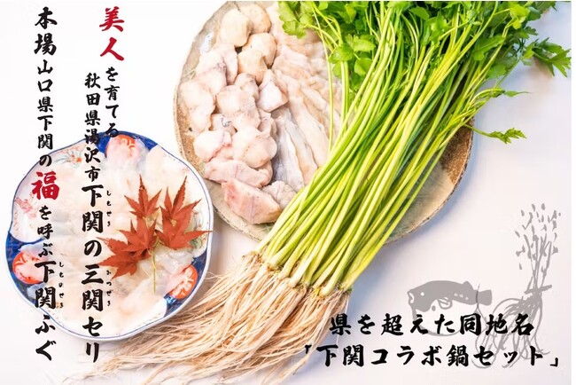 秋田県湯沢市下関の「三関(みつせき)せり」と山口県下関市の「ふぐ」がお鍋で共演！