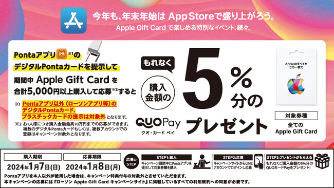【ローソン限定】PontaアプリのデジタルPontaカードを提示しApple Gift Card合計5,000円以上購入・応募すると“もれなく”購入金額5％分のQUOカードPayがもらえるキャンペーン