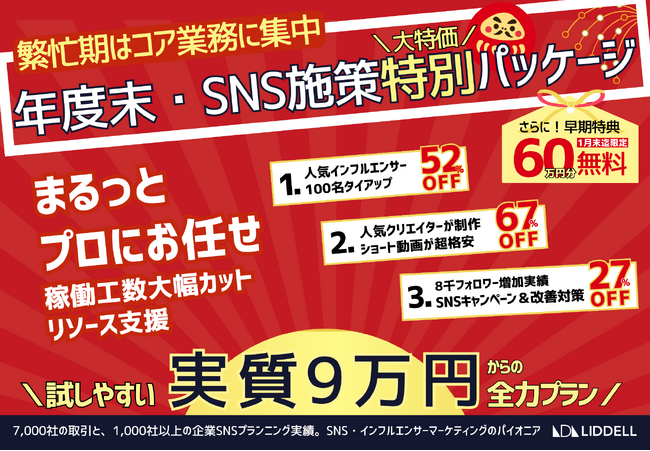 《年度末・SNS特別施策》リソース不足の年度末に稼働工数大幅カット！大特価プランを提供。さらに1月末までの申込限定！リデルにしかできないSNS施策 60万円分無料！