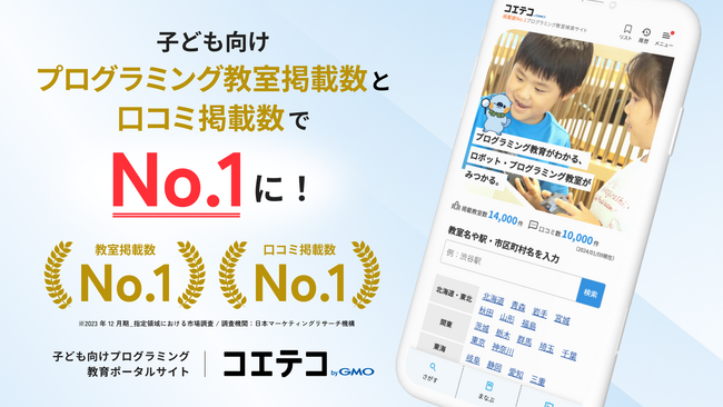 「コエテコ byGMO」子ども向けプログラミング教室掲載数と口コミ掲載数でNo.1に！【GMOメディア】