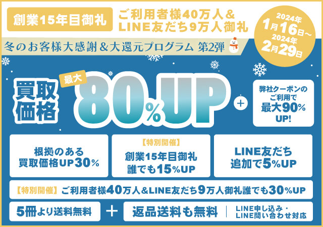創業15年目＆利用者様500万名・買取利用者様40万名御礼！【大還元プログラム】開催！買取額が「最大80%アップ」になる！