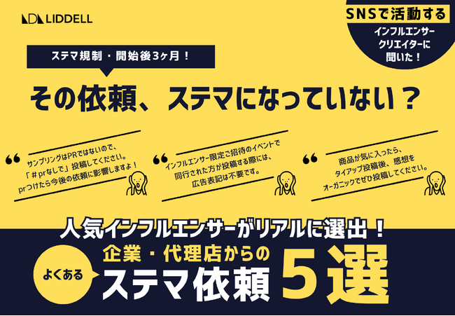 【リデル調査】「よくあるステマ依頼５選」人気インフルエンサー達がリアルに選出！『ステマ規制』施行後、35％減少する一方で、未だに蔓延るステマ依頼が明らかに。