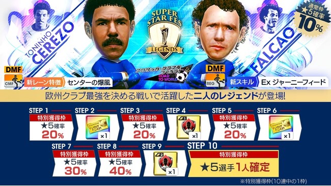 『プロサッカークラブをつくろう! ロード・トゥ・ワールド』「トニーニョ・セレーゾ」「ファルカン」などのスーパースターが新★5選手として登場する“SUPER STAR FES LEGENDS”開催！