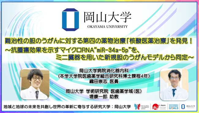 【岡山大学】難治性の胆のうがんに対する第四の薬物治療「核酸医薬治療」を発見！ ～抗腫瘍効果を示すマイクロRNA“miR-34a-5p”を、ミニ臓器を用いた新規胆のうがんモデルから同定～