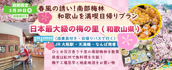 大好評につき10席増席しました。2月29日（木）限定　お一人様11,500円【春の旅、和歌山で華やかに】お得な価格で楽しむ！南部梅林と紀州の美食、和歌山日帰りプラン開催