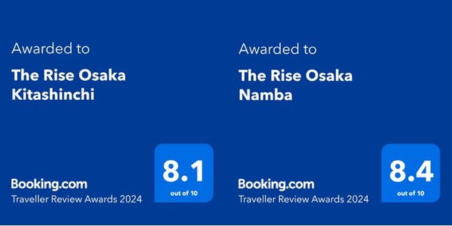 「ライズホテル大阪北新地」と「ライズホテル大阪なんば」は、Booking.comの「Traveller Review Award2024」を受賞いたしました