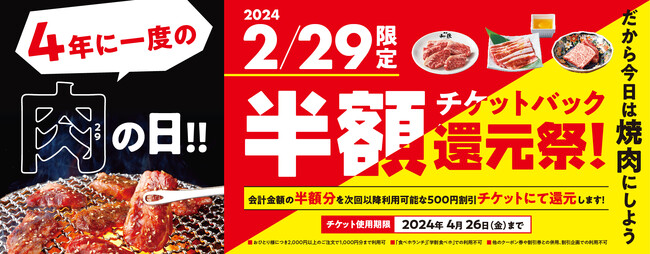 【焼肉の和民】4年に1度の特別なニクの日（2月29日）に日頃の感謝を込めて！「半額チケットバック還元祭」開催決定！