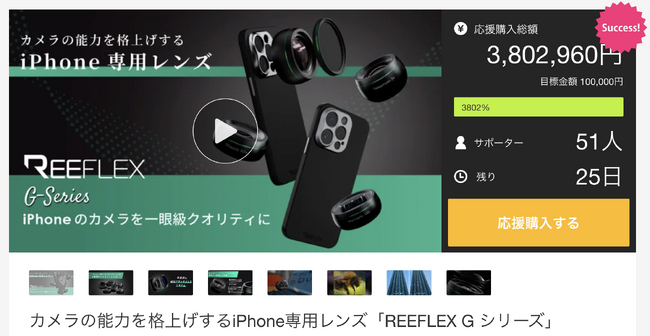 カメラの能力を格上げするiPhone専用レンズ「REEFLEX G シリーズ」応援購入総額380万円達成！