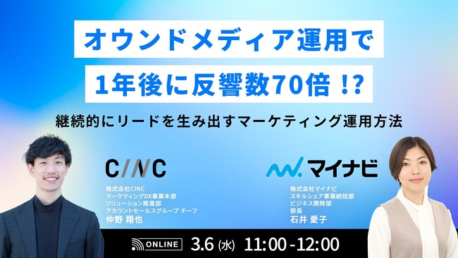 【3/6(水)開催】オンラインセミナー『オウンドメディア運用で、1年後に反響数70倍！？ 継続的にリードを生み出すマーケティング運用方法』