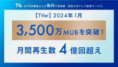 【TVer】2024年1月 月間ユーザー数が3,500万MUB、月間再生数は4億回と過去最高記録を更新