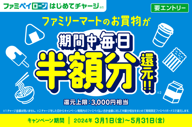 ファミリーマートのお買い物が毎日半額分還元！「ファミペイローン」はじめてチャージキャンペーン開催