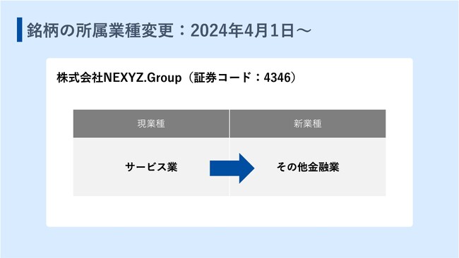 当社株式の業種変更について 4月1日より「その他金融業」銘柄に所属