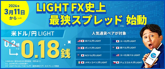 【LIGHT FX史上最狭のスプレッド】ついに0.18銭の米ドル/円 LIGHT！