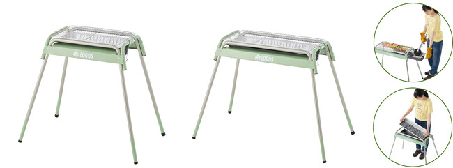 レトログリーンがBBQで映える！元祖・火床が外せるハイ＆ロースタンド型グリル「eco-logosave チューブグリル（楽ちんお試しパック）」2サイズ 新発売！