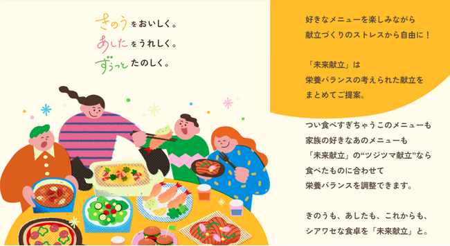 味の素(株)、献立提案サービス「未来献立(R)」の提供を開始～毎日のストレスから自由に！栄養バランスの“ツジツマあわせ”をご提案～