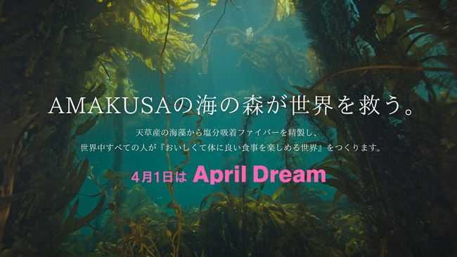 AMAKUSAの海の森が世界を救う。天草産の海藻から塩分吸着ファイバーを精製し、世界中すべての人が『おいしくて体に良い食事を楽しめる世界』をつくります。