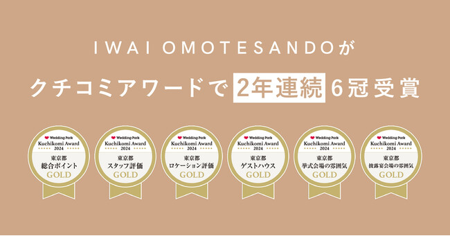IWAI OMOTESANDOが「ウエディングパーククチコミアワード 2024」にて6冠を受賞