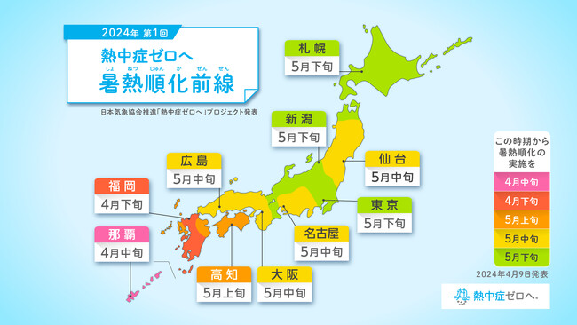 本格的な暑さを迎える前に早めの熱中症対策を 2024年「熱中症ゼロへ 暑熱順化前線（第1回）」を公開