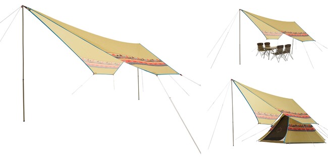 ワンポールテントとの連結に最適！両端に大きなグロメット装備&風の吹き込みを防ぐオリジナルデザイン「LOGOS Fes ナバホ ペンタタープ-BC」新発売！